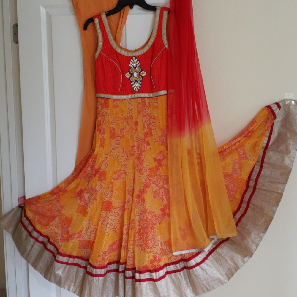 Bright yellow anarkali suit w/ embellished bodice